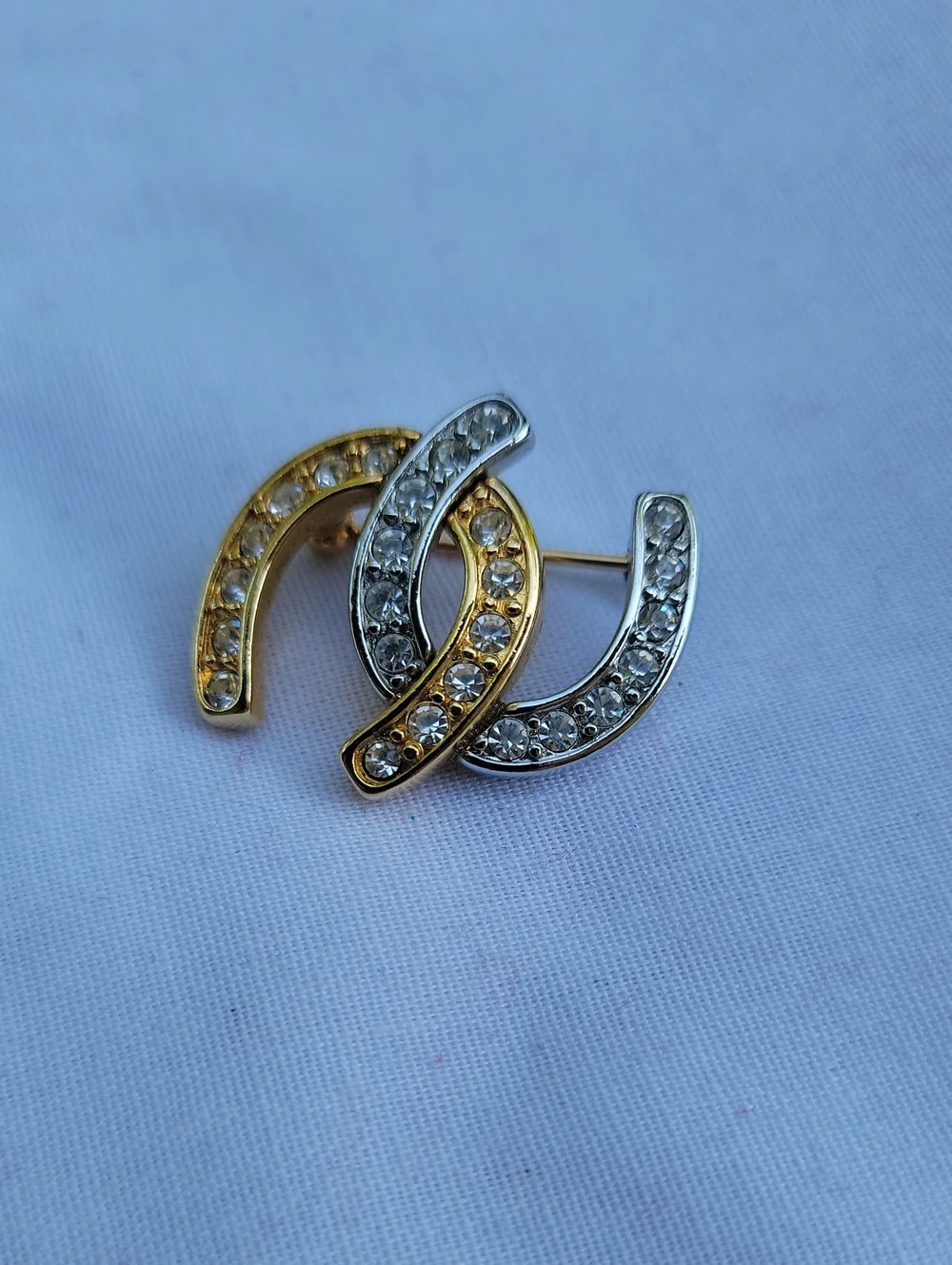 Vintage Joan Rivers Two-Tone Gold and Silver Crystal Horseshoe Brooch Good Luck
